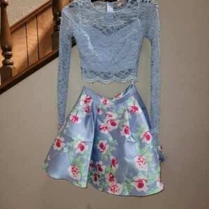 Blue Lace Crop Top and Floral Skirt Set
